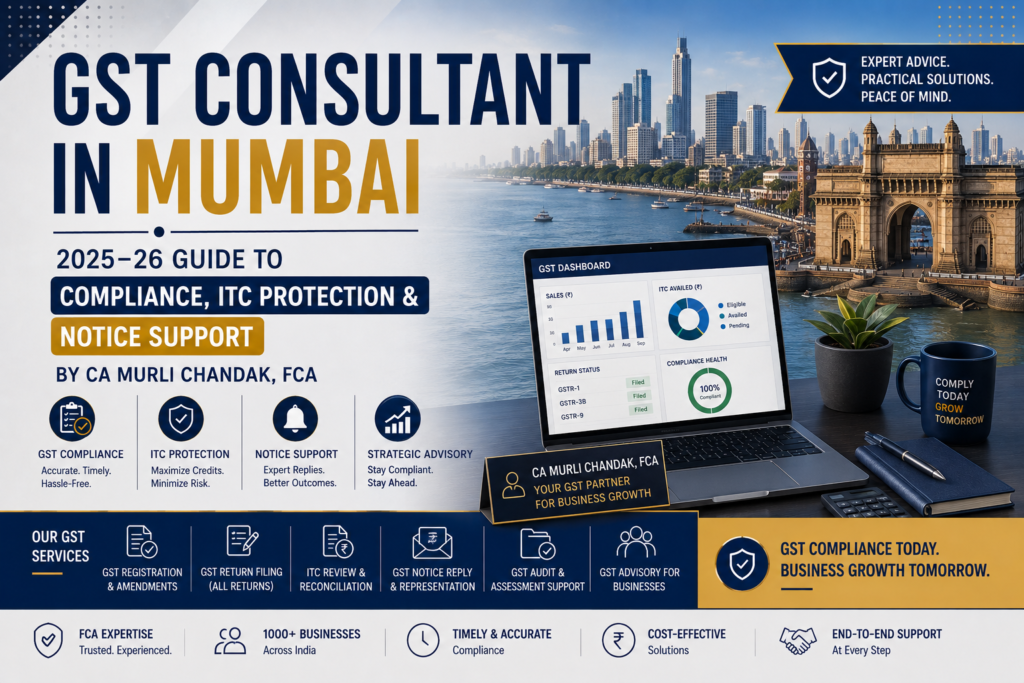 GST Consultant in Mumbai: 2025-26 Guide to Compliance, ITC Protection & Notice Support by CA Murli Chandak, FCA